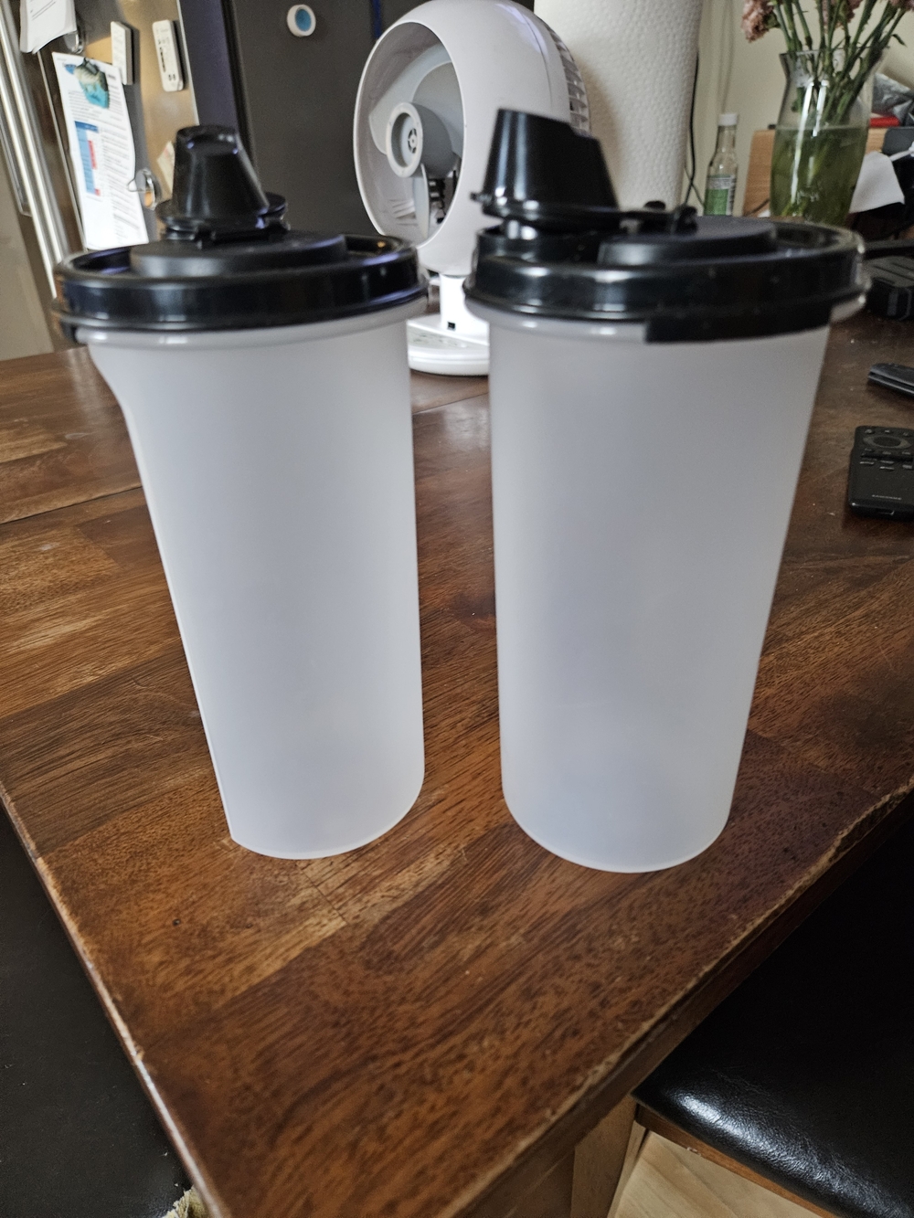 Tupperware White Plastic Shaker Bottles with Black With Pour Lids - Set of 2